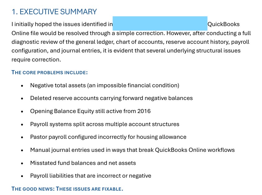 Diagnostic screenshot: Executive Summary