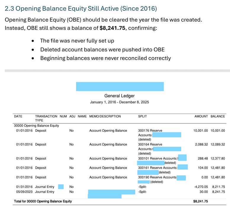 Diagnostic screenshot: Opening Balance Equity issue